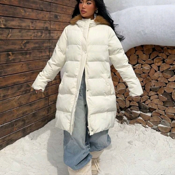 New Winter Beige Mid-Length Thick Warm Detachable Hooded Padded Coat - Picture 4 of 4